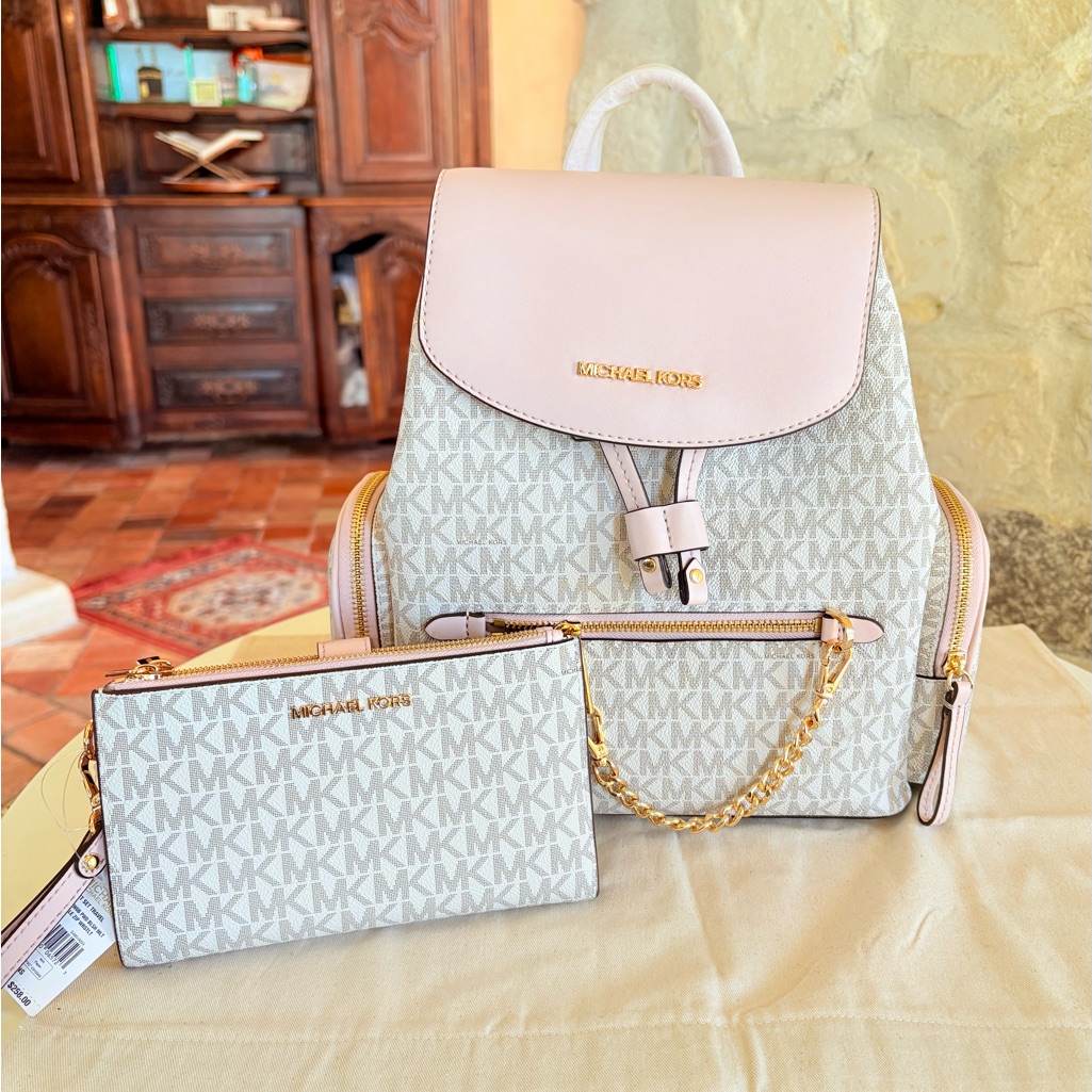 Michael Kors Pink And White Backpack And Wallet Set